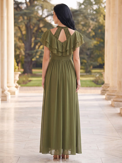 Robe de mère de la mariée trapèze/princesse, dos nu à encolure américaine, manches courtes, en mousseline Robes de mère de la mariée en mousseline, longueur cheville, avec volants