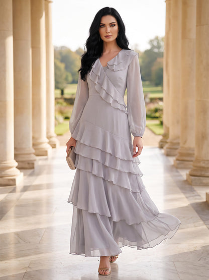 Robe de mère de la mariée trapèze/princesse, col en V, manches longues, en mousseline, longueur cheville, avec volants