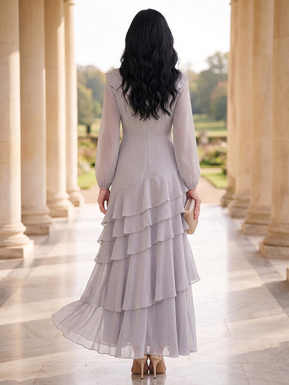 Robe de mère de la mariée trapèze/princesse, col en V, manches longues, en mousseline, longueur cheville, avec volants