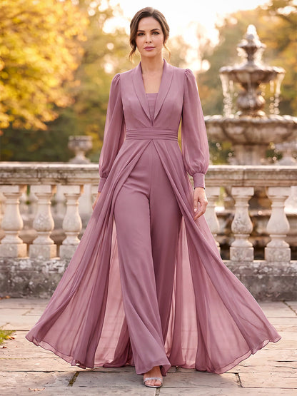 Combinaison pour mère de la mariée, col en V, manches longues, en mousseline, longueur cheville, avec surjupe