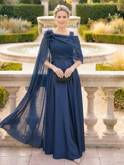 Robe de mère de la mariée trapèze/princesse, décolleté en cœur, sans manches, en satin, longueur au sol, avec fleur en 3D et volants