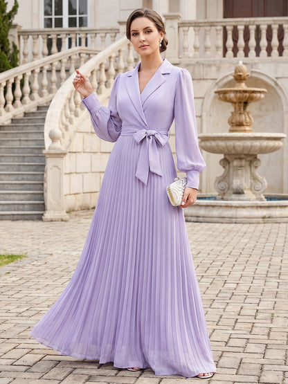 Robes de mère de la mariée en mousseline, coupe trapèze/princesse, col en V, manches longues, longueur au sol, avec ceinture