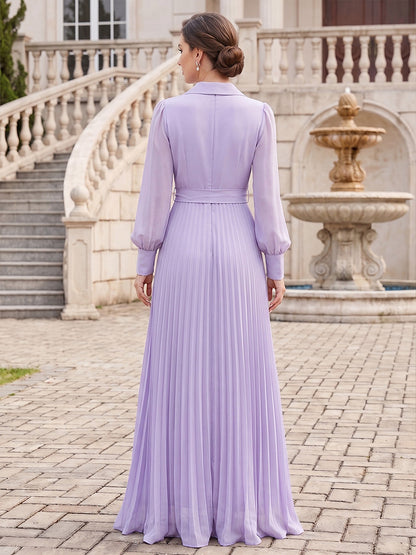 Robes de mère de la mariée en mousseline, coupe trapèze/princesse, col en V, manches longues, longueur au sol, avec ceinture