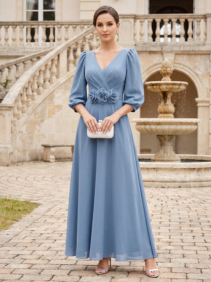 Robes de mère de la mariée en mousseline, coupe trapèze/princesse, col en V, manches mi-longues, longueur cheville, avec fleurs en 3D