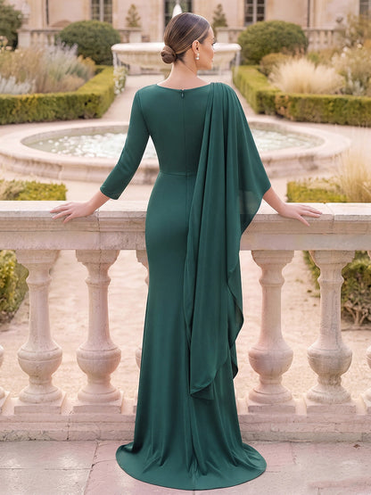 Robe longue de mère de la mariée en satin, coupe sirène, col en V, manches 3/4, avec strass