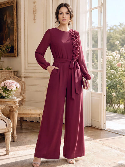 Combinaisons pour mère de la mariée en mousseline, encolure arrondie, manches longues, longueur cheville, avec volants