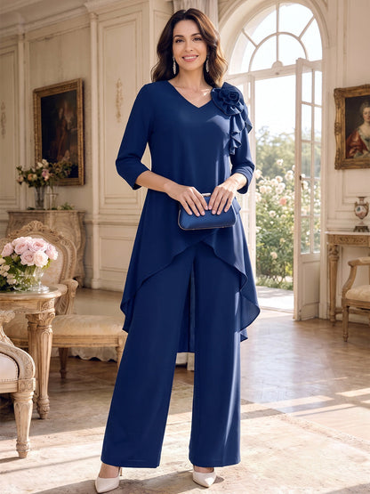Combinaison de mère de la mariée en satin extensible, col en V, manches 3/4, longueur cheville, avec fleurs 3D et volants