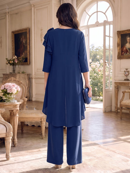Combinaison de mère de la mariée en satin extensible, col en V, manches 3/4, longueur cheville, avec fleurs 3D et volants