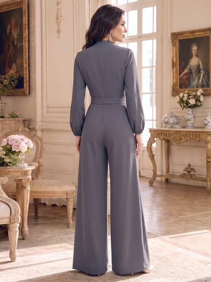 Combinaisons pour mère de la mariée en satin extensible, col en V, manches longues, longueur au sol, avec ceinture