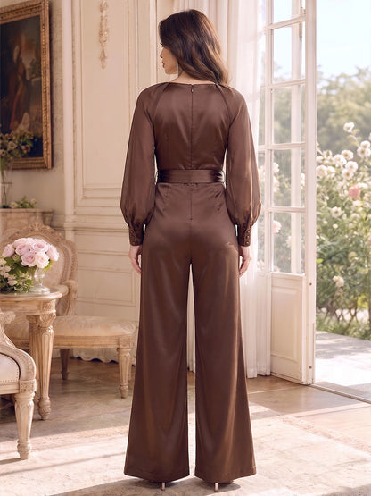 Combinaisons pour mère de la mariée en mousseline, encolure arrondie, manches longues, longueur cheville, avec ceinture
