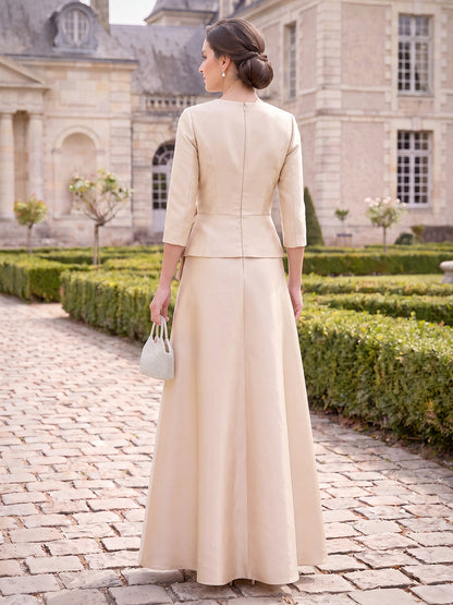 Robes de mère de la mariée en satin, coupe trapèze/princesse, col en V, manches 3/4, longueur au sol, avec fleurs en 3D
