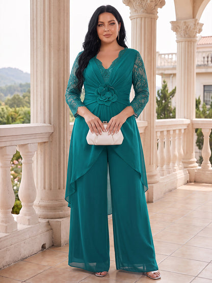 Combinaison de mère de la mariée en mousseline, col en V, manches 3/4, longueur cheville, grande taille, avec dentelle