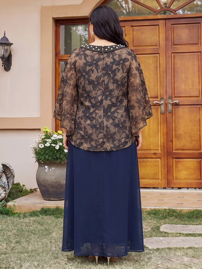 Robes grande taille pour mère de la mariée en jacquard, coupe trapèze/princesse, encolure ronde, manches mi-longues, longueur cheville, avec perles