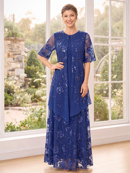Robe longue de mère de la mariée, coupe trapèze, encolure arrondie, manches mi-longues, avec sequins et applications