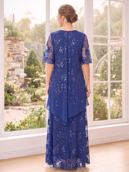 Robe longue de mère de la mariée, coupe trapèze, encolure arrondie, manches mi-longues, avec sequins et applications