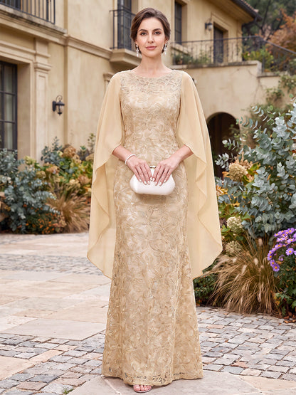 Robes de mère de la mariée en mousseline, coupe bal, encolure arrondie, mancherons, longueur au sol, avec motifs floraux