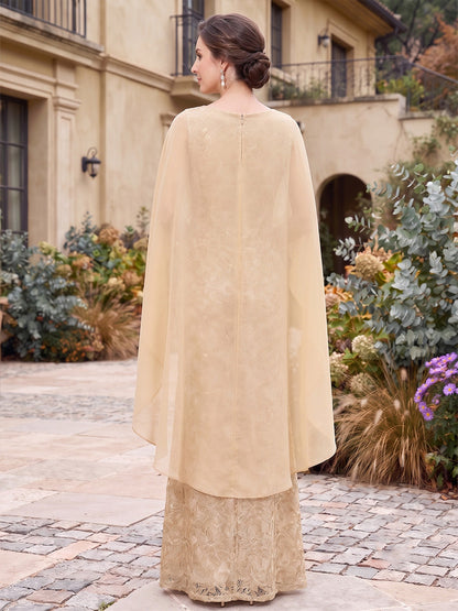 Robes de mère de la mariée en mousseline, coupe bal, encolure arrondie, mancherons, longueur au sol, avec motifs floraux