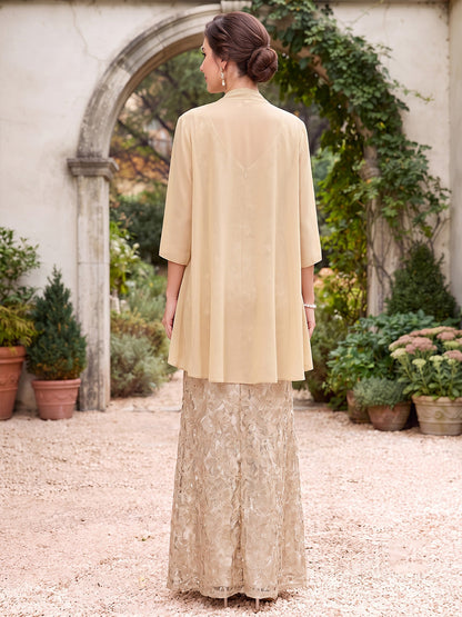 Robe longue de mère de la mariée en jacquard, coupe trapèze, col en V, manches 3/4, avec veste