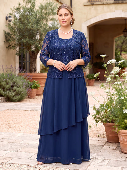 Robes grande taille pour mère de la mariée en mousseline, coupe trapèze/princesse, encolure ronde, manches 3/4, longueur au sol, avec sequins et volants étagés