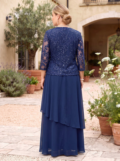 Robes grande taille pour mère de la mariée en mousseline, coupe trapèze/princesse, encolure ronde, manches 3/4, longueur au sol, avec sequins et volants étagés