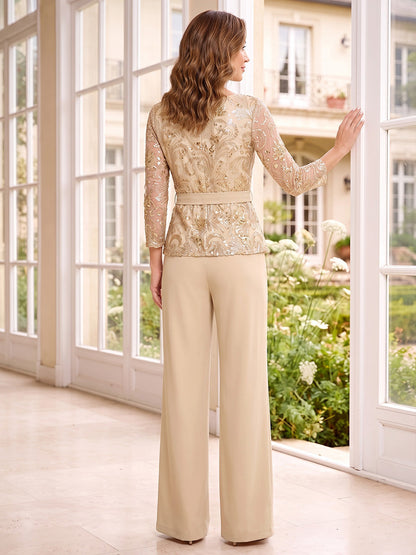 Combinaison de mère de la mariée, encolure arrondie, manches 3/4, longueur au sol, avec sequins et ceinture