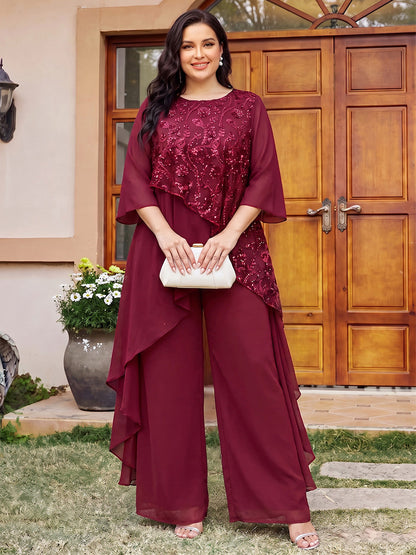 Combinaisons-pantalons à sequins, encolure ronde, demi-manches, longueur cheville, grandes tailles, pour mère de la mariée, avec sequins et volants