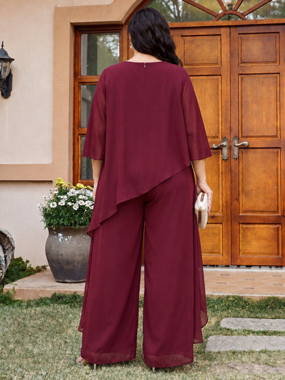 Combinaisons-pantalons à sequins, encolure ronde, demi-manches, longueur cheville, grandes tailles, pour mère de la mariée, avec sequins et volants
