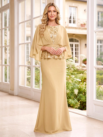 Robe longue de mère de la mariée en mousseline, coupe trapèze, encolure arrondie, manches mi-longues, avec sequins et volants