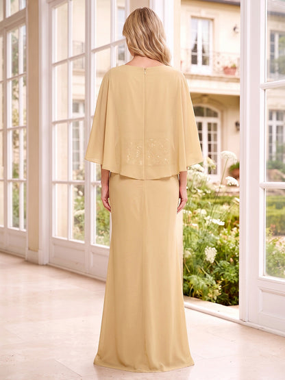Robe longue de mère de la mariée en mousseline, coupe trapèze, encolure arrondie, manches mi-longues, avec sequins et volants