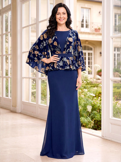 Robe fourreau longue en velours pour mère de la mariée, encolure ronde, manches 3/4, motif floral