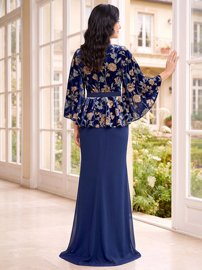 Robe fourreau longue en velours pour mère de la mariée, encolure ronde, manches 3/4, motif floral
