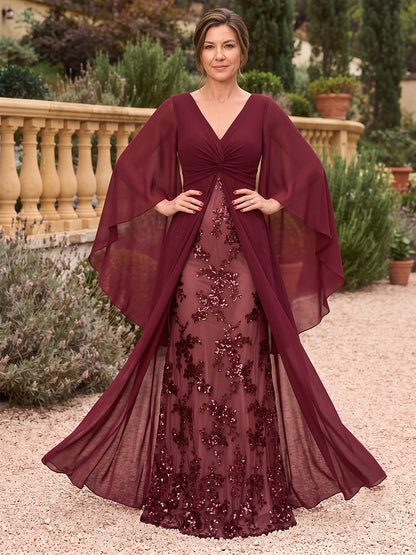 Robes pour mère de la mariée en mousseline, coupe trapèze/princesse, col en V, manches 3/4, longueur au sol, avec sequins et surjupe