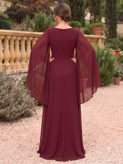 Robes pour mère de la mariée en mousseline, coupe trapèze/princesse, col en V, manches 3/4, longueur au sol, avec sequins et surjupe