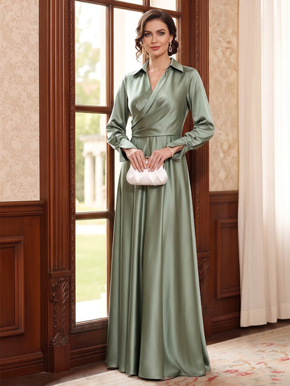Robes pour mère de la mariée en satin, coupe trapèze/princesse, col en V, manches longues, longueur au sol