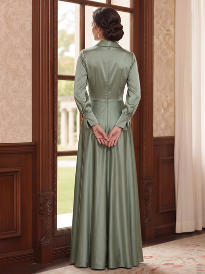 Robes pour mère de la mariée en satin, coupe trapèze/princesse, col en V, manches longues, longueur au sol
