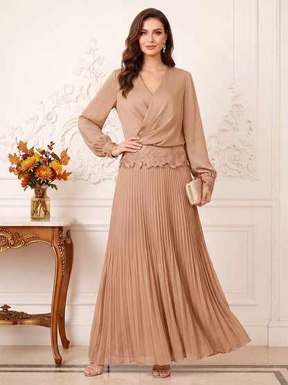 Robe de mère de la mariée en mousseline, coupe trapèze, col en V, manches longues, longueur cheville, avec plis