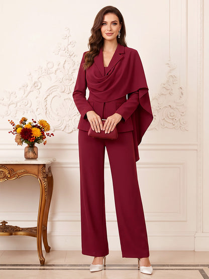 Combinaisons pour mère de la mariée en satin extensible, col en V, manches longues, longueur cheville, avec cape