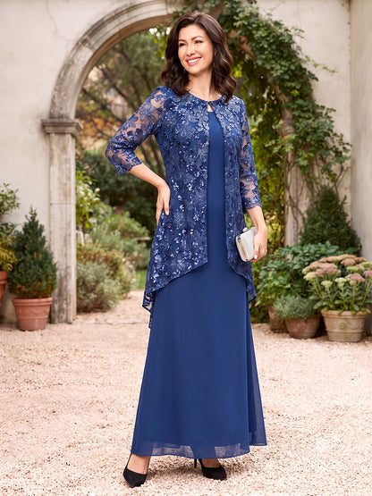 Robe longue pour mère de la mariée en mousseline, coupe droite/fourreau, encolure ronde, manches 3/4, veste et applications