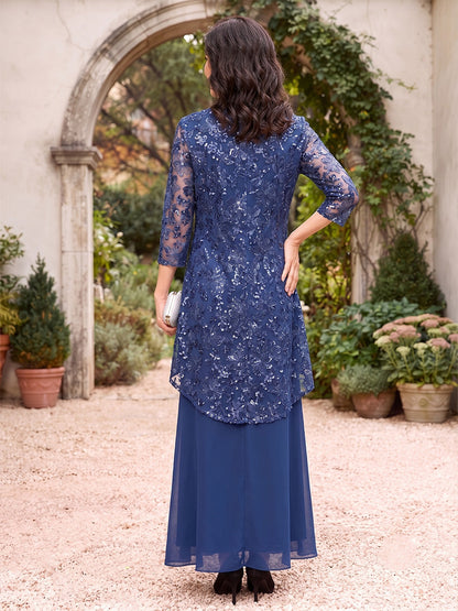 Robe longue pour mère de la mariée en mousseline, coupe droite/fourreau, encolure ronde, manches 3/4, veste et applications