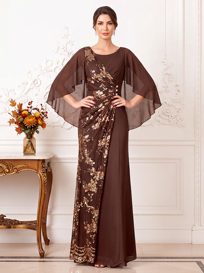Robes pour mère de la mariée en mousseline, coupe fourreau/droite, encolure arrondie, manches 3/4, longueur au sol, avec cape