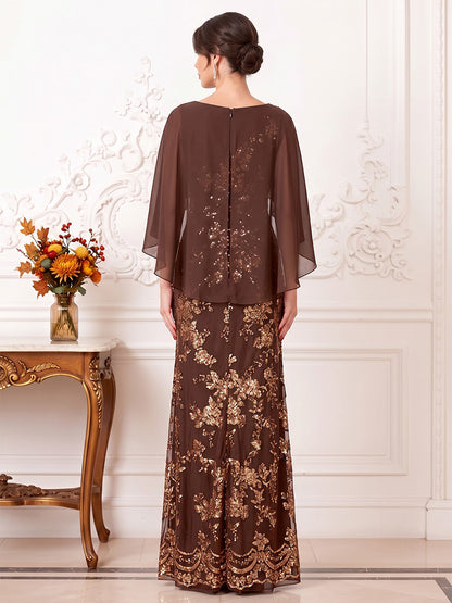 Robes pour mère de la mariée en mousseline, coupe fourreau/droite, encolure arrondie, manches 3/4, longueur au sol, avec cape