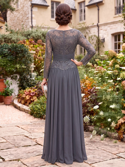 Robes pour mère de la mariée en mousseline, coupe trapèze/princesse, encolure arrondie, manches longues, longueur au sol, avec applications et volants