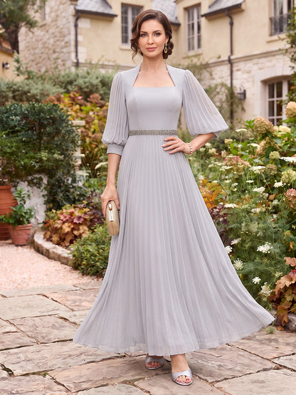 Robes pour mère de la mariée en mousseline, coupe trapèze/princesse, encolure carrée, manches mi-longues, longueur cheville, avec ceinture et plis