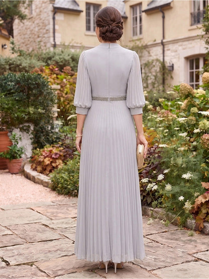 Robes pour mère de la mariée en mousseline, coupe trapèze/princesse, encolure carrée, manches mi-longues, longueur cheville, avec ceinture et plis