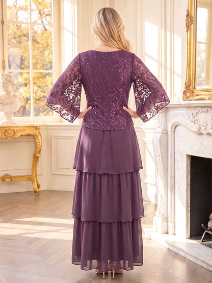 Robes de mère de la mariée en mousseline, coupe trapèze/princesse, encolure arrondie, manches 3/4, longueur cheville, avec applications et sequins