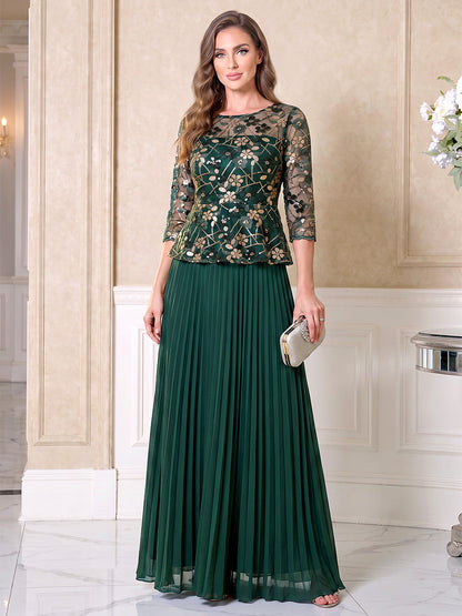 Robe trapèze longue en mousseline pour mère de la mariée, encolure ronde, manches 3/4, avec applications et plis