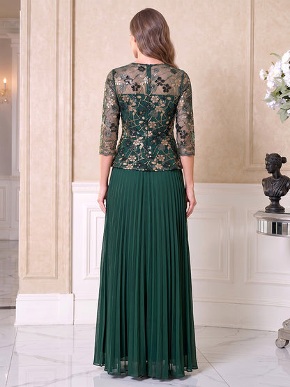Robe trapèze longue en mousseline pour mère de la mariée, encolure ronde, manches 3/4, avec applications et plis