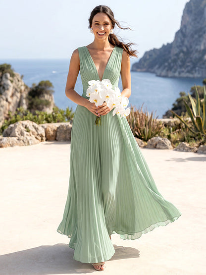 Robe de Demoiselle d'Honneur Longueur Sol A-Line à Col en V Sans Manches avec Plis