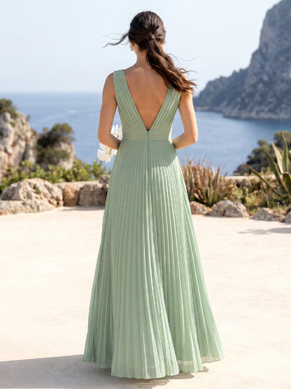 Robe de Demoiselle d'Honneur Longueur Sol A-Line à Col en V Sans Manches avec Plis