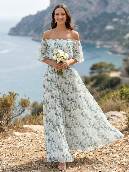Robe de Demoiselle d'Honneur Longueur Sol A-Line à Épaules Dénudées et Manches au Coude avec Plis